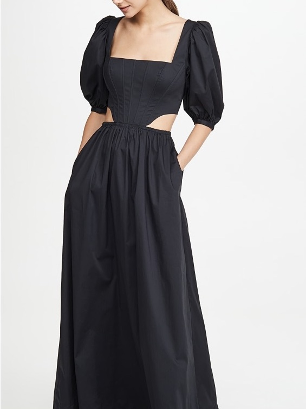 STAUD Black Square-Neck Cutout Maxi Dress with Puff Sleeves